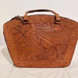 Vintage Tooled Leather Bag - Floral Design, Removable Strap